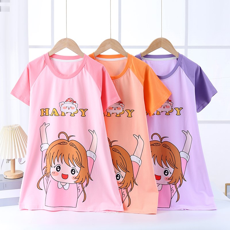 儿童睡裙女童纯棉夏季薄款卡通短袖宽松家居服空调服睡衣连衣裙