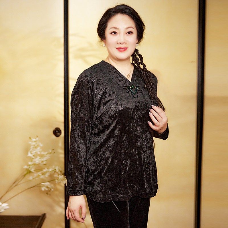 胖太太大码女装秋装新款玫瑰暗花中国风V领衬衫上衣宽松824312110