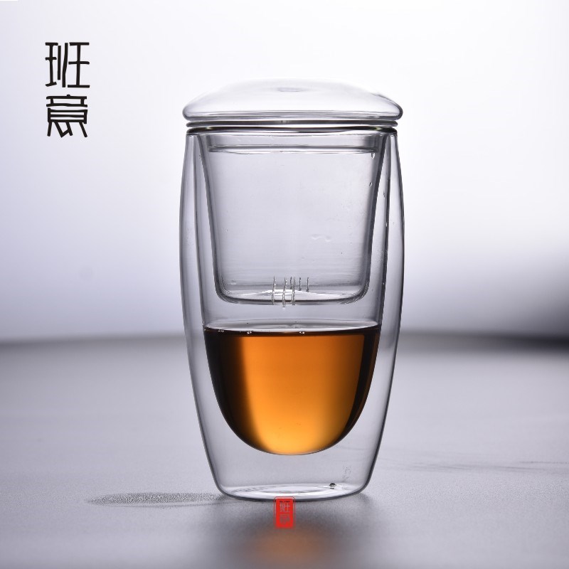 班意双层防烫泡茶杯过滤杯男女花茶杯办公室带盖玻璃茶水分离杯