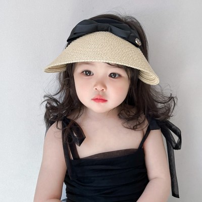 儿童夏季防晒帽子草编透气遮阳女童空顶帽大檐户外蝴蝶结发箍帽子