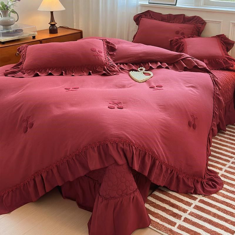 法式复古高端全棉床盖四件套酒红色花边樱桃被套纯棉结婚喜庆床品