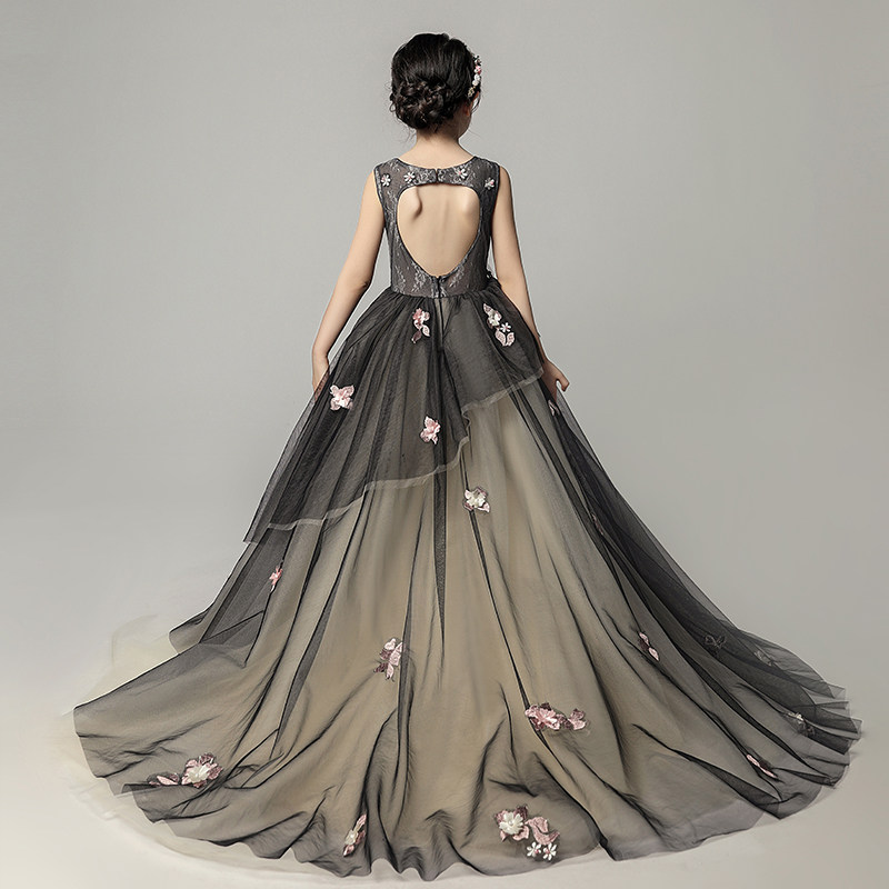 儿童婚纱裙拖尾晚礼服女童公主裙蓬蓬纱黑色模特走秀钢琴表演服冬