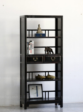 现代新中式复古实木书柜书架客厅置物柜做旧黑色玄关柜博古陈列柜