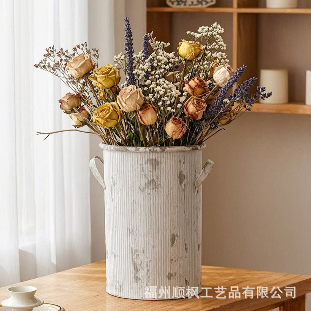 美式乡村斑驳白漆铁艺桶复古做旧瓦楞铁皮花盆干花插花桶摆件