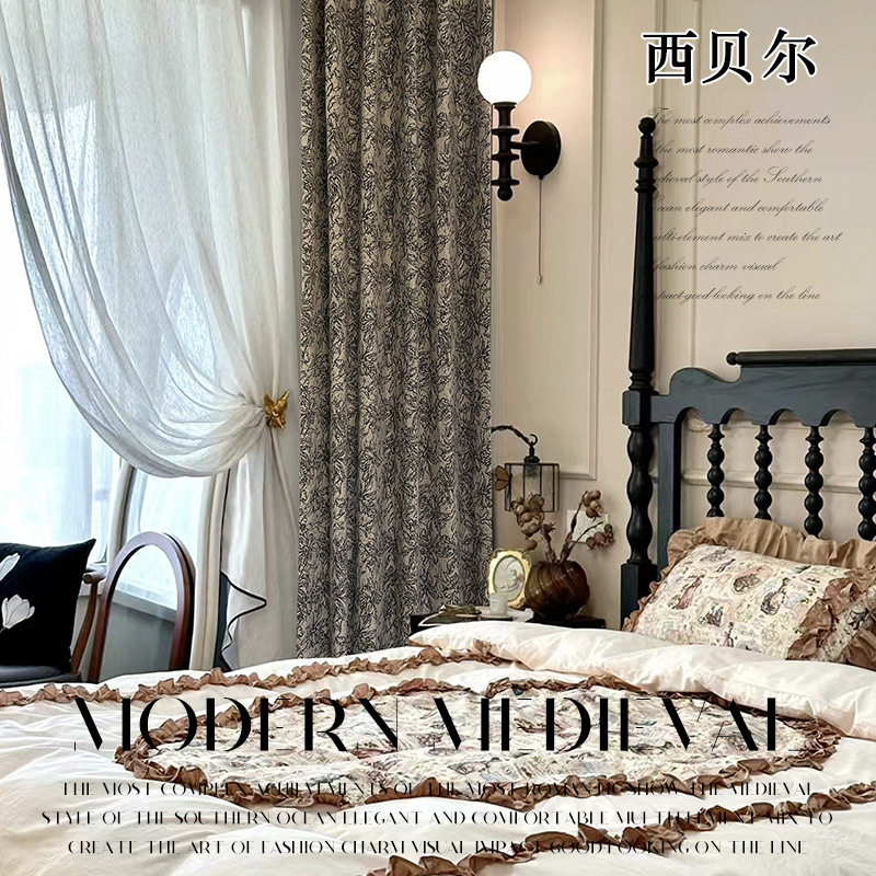 高级法式中古风复古风窗帘黑色花布加厚提花雪尼尔窗帘客厅卧室