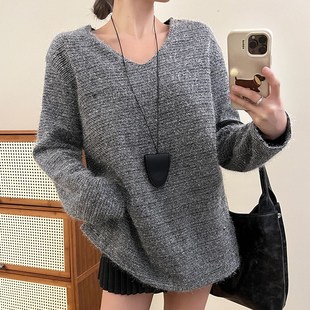 慵懒风超好看上衣 灰色亮丝v领套头毛衣女秋冬高级感加厚K针织衫