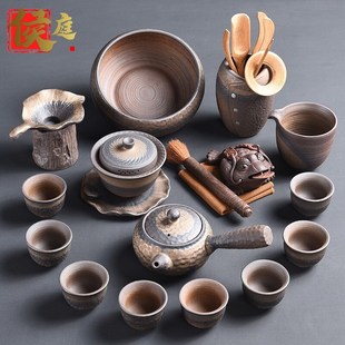 家用柴烧复古风粗陶茶具高档日式 喝茶套装 粗陶茶V壶茶杯茶具茶道