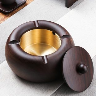 潮流客厅家用黑檀实木带盖防飞灰中式 烟灰缸创意个性 金属铜制烟缸