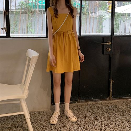 145小个子显高150cm法式方领吊带背心连衣裙收腰A字短裙女XXS码夏