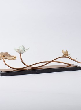 新中式禅意陶瓷莲花金属荷叶片摆件样板房客厅办公室书柜简约摆设