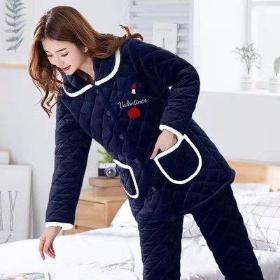 睡衣女冬季三层加厚夹棉睡衣女珊瑚绒法兰绒秋冬保暖可外穿家居服