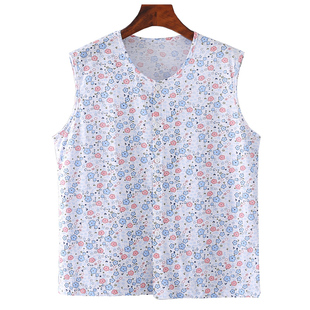 背心汗衫 宽肩开襟系扣无袖 上衣 纯棉砍袖 薄棉中老年女士宽松大码