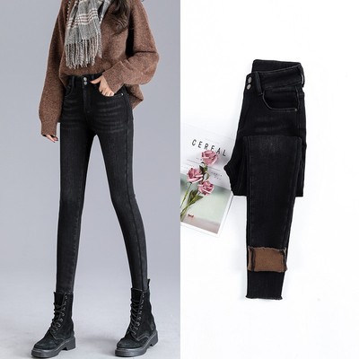 高腰加绒牛仔裤女加长版高个子超长175小脚裤冬季新款黑色裤子厚