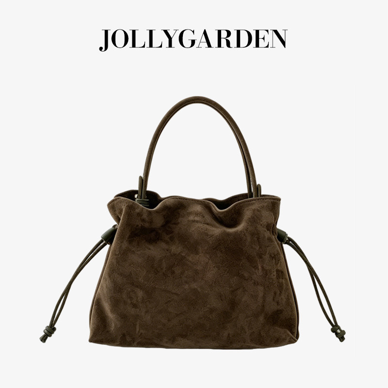 JOLLY GARDEN【微汀】韩系磨砂牛皮小福袋通勤抽绳手提斜挎水桶包