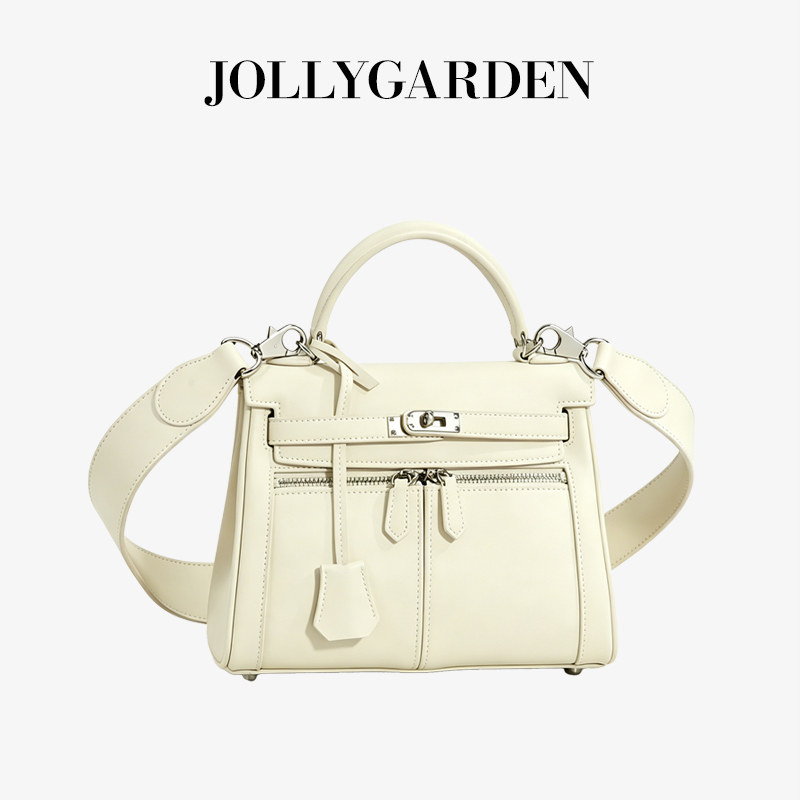 JOLLY GARDEN【绮羽】头层牛皮双口袋凯莉包手提宽肩带单肩斜挎包