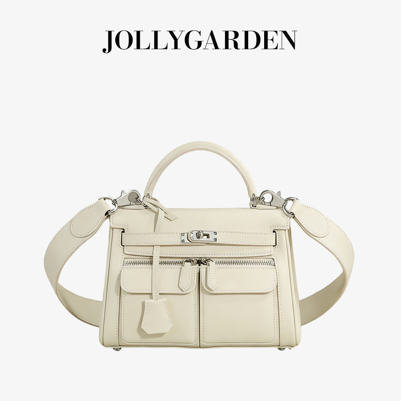 JOLLY GARDEN【绮羽】头层牛皮双口袋凯莉包手提宽肩带单肩斜挎包