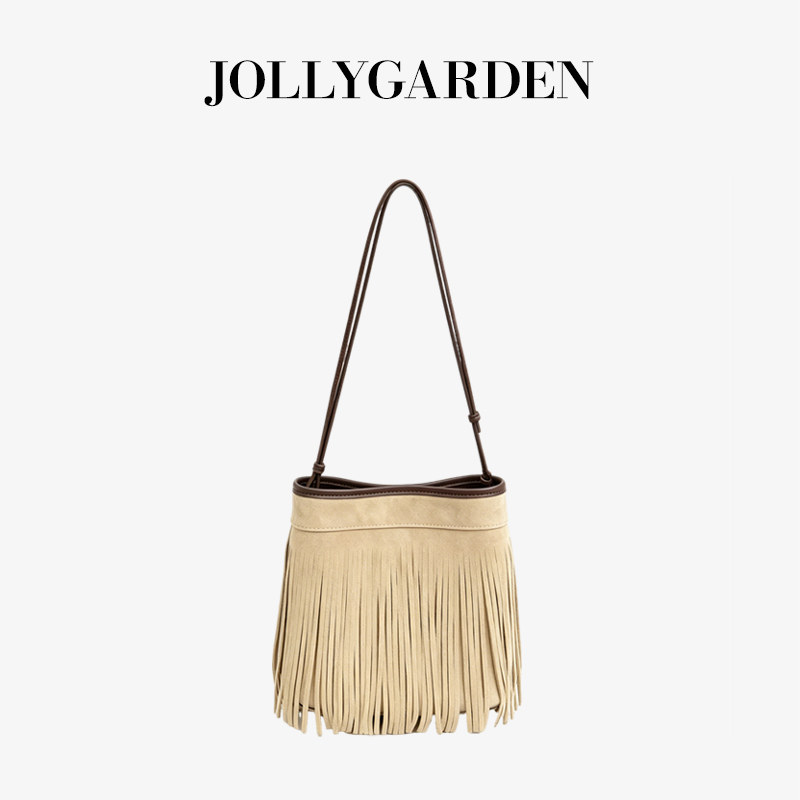 JOLLY GARDEN【阡沙】韩系精致磨砂牛皮流苏水桶包通勤斜挎单