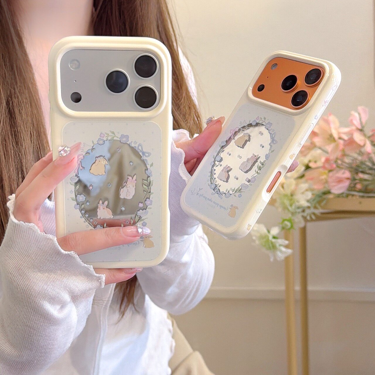 吉能虎新款春日碎花小兔子适用于苹果17promax镜面手机外壳iPhone16pro全包边防摔15/14/13保护套