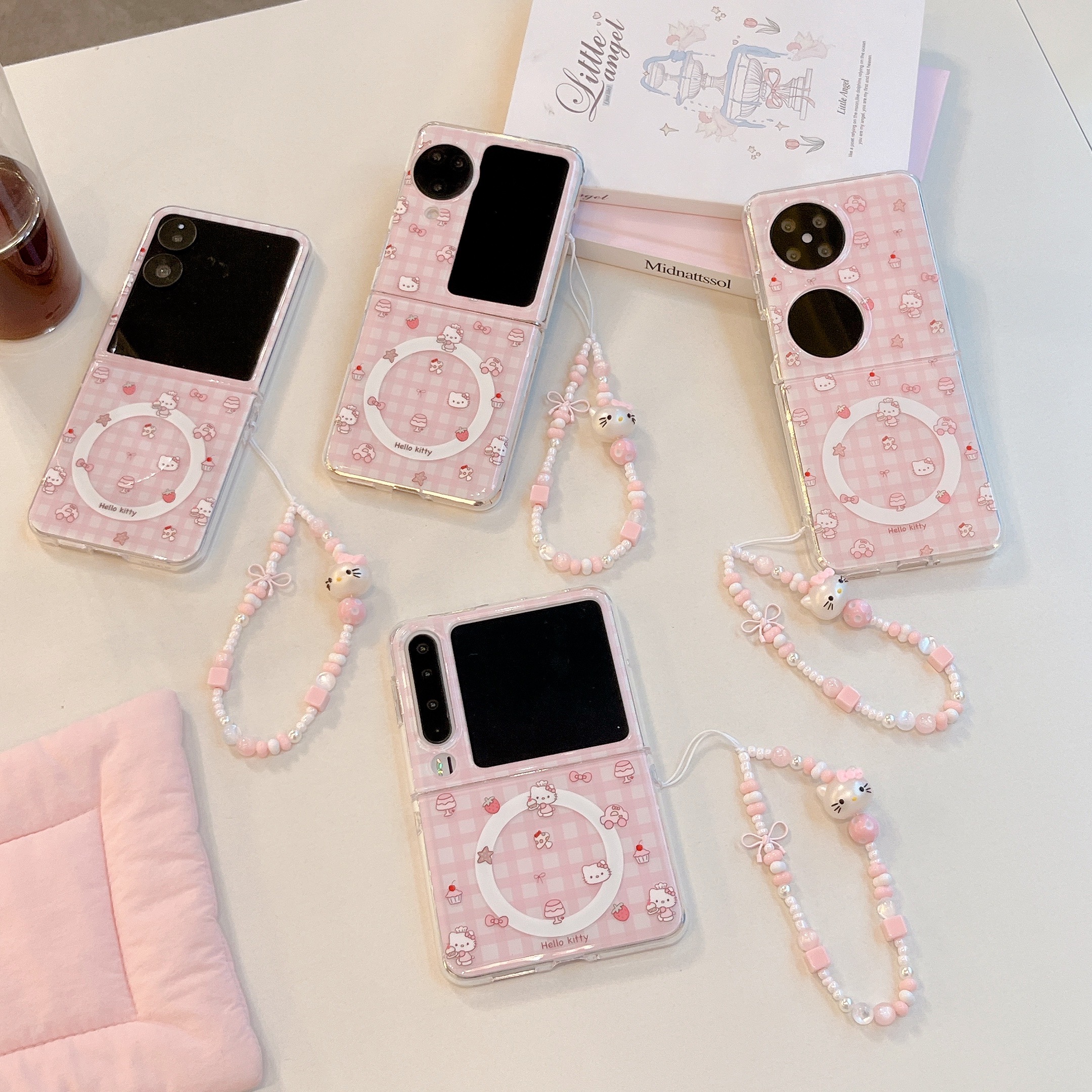 粉格子厨师帽kt折叠手机壳