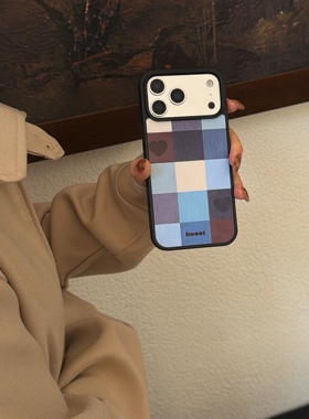 吉能虎新款蓝色拼接格纹牛仔爱心适用于苹果17promax手机外壳iPhone16pro/Air全包边防摔15/14/13保护套