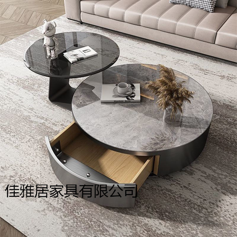 意式轻奢不锈钢圆形茶几岩板设计师网红极简玻璃客厅金属茶几组合