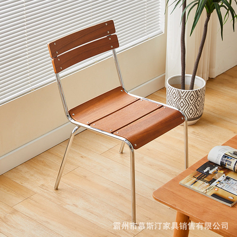 北欧复古不锈钢餐椅小户型家用工业风实木靠背椅简约咖啡厅休闲椅