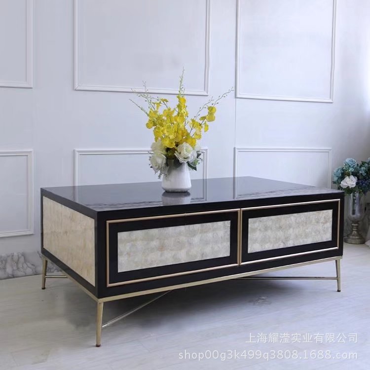 简约后现代实木贝壳茶几定制家具 别墅客厅四抽屉咖啡桌方形茶桌