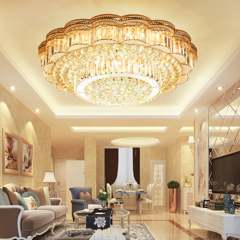 奢华欧式圆形金色水晶灯大气客厅LED吸顶灯温馨卧室餐厅灯批发