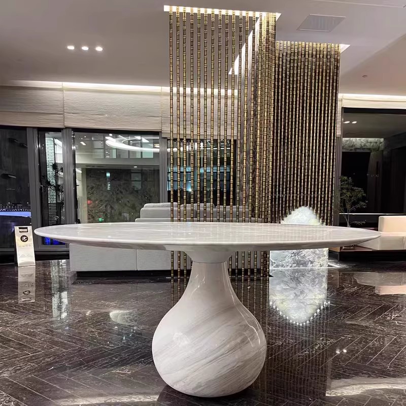 意大利进口天然大理石圆餐桌家用别墅餐厅水滴餐桌球体设计师款