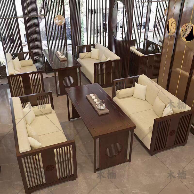 新中式风茶楼卡座沙发高端民宿酒店实木沙发座椅酒楼大堂商用座椅