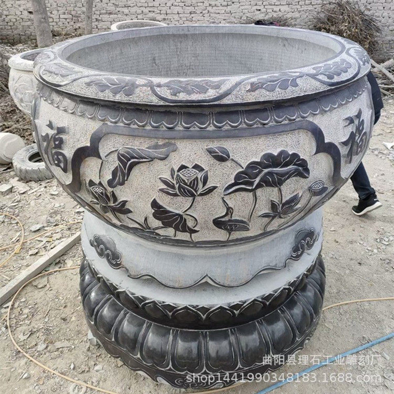 石雕鱼缸花盆大理石天然青石大缸圆形中式别墅庭院种花养鱼石缸