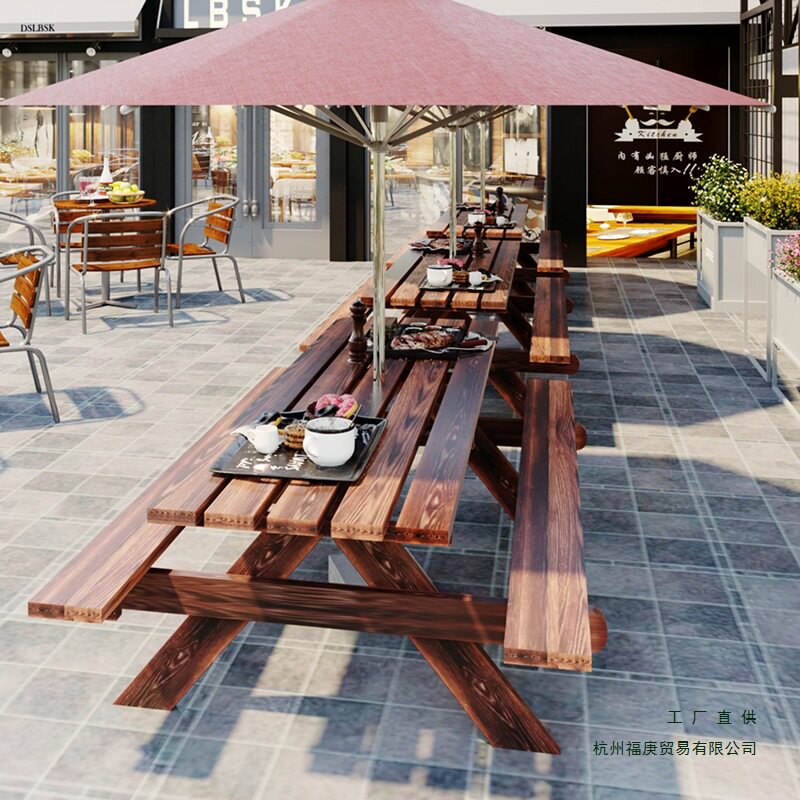 防腐木户外连体餐桌椅带伞组合