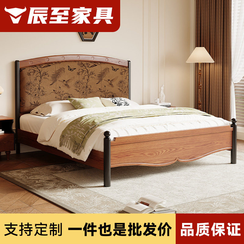 中古风软靠实木床法式复古1.5m床小户型婚床1.8米白蜡木双人大床