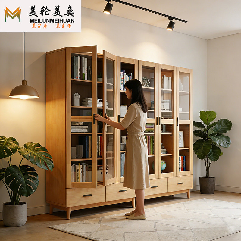 全实木书柜组合玻璃门防尘展示柜家用橡胶木书橱办公室文件收纳柜