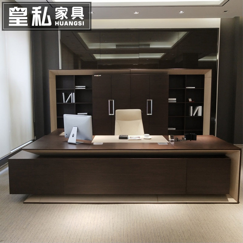 现代简约黑色实木皮油漆老板桌