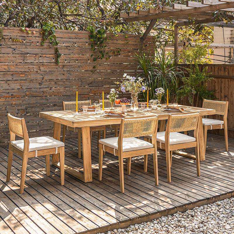 户外实木桌椅庭院露天阳台防水防晒休闲家具室外花园绳编桌椅组合