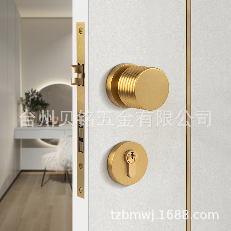 厂家直售黄铜静音现代轻奢金色美式圆柱门锁室内卧室简约实木门锁