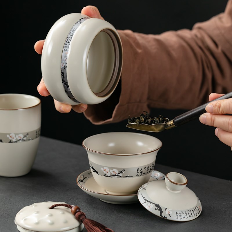 米色汝窑功夫茶具套装家用客厅防烫侧把泡茶壶盖碗茶杯喝茶一整套