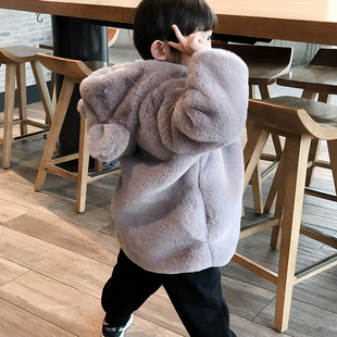 男童棉服冬季加绒加厚女童棉衣儿童皮草外套宝宝连帽中长款毛毛衣