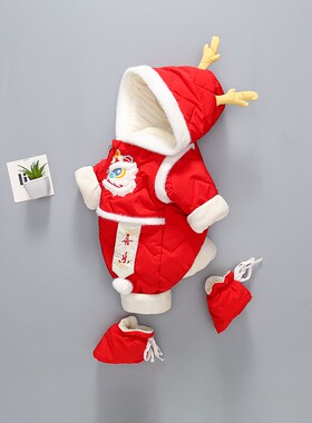 新年服夹棉宝宝连体衣婴儿衣服拜年过年周岁满月红色喜庆新生儿冬