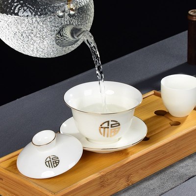 羊脂玉白瓷三才盖碗不烫手功夫茶具套装陶瓷公道杯茶漏三件套茶杯
