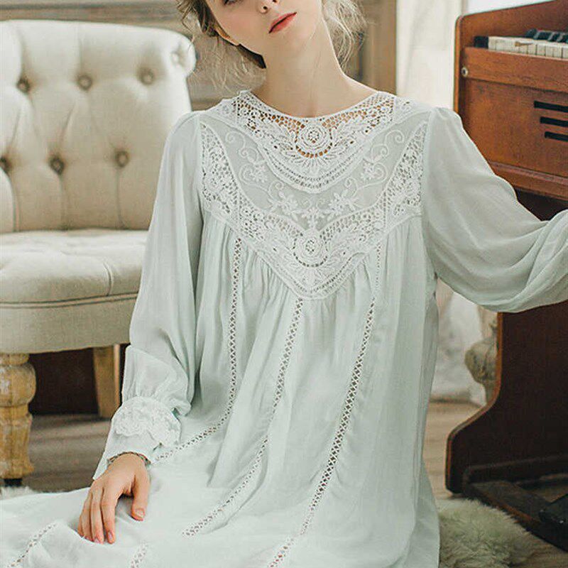 白色睡衣春秋棉布柔软蕾丝法式宫廷风长款过膝大码复古睡裙纯绵绸