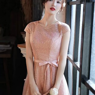 粉色晚礼服女中长新款宴会气质高级感主持人连衣裙平时可穿秋冬季