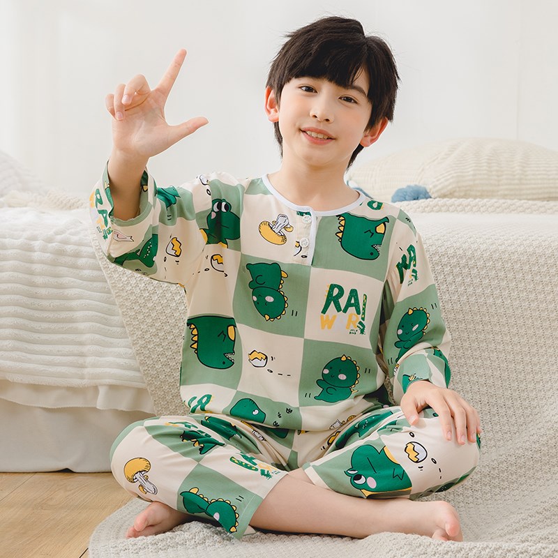 夏季儿童棉绸睡衣男童女孩宝宝绵绸长袖薄款空调服大童家居服套装
