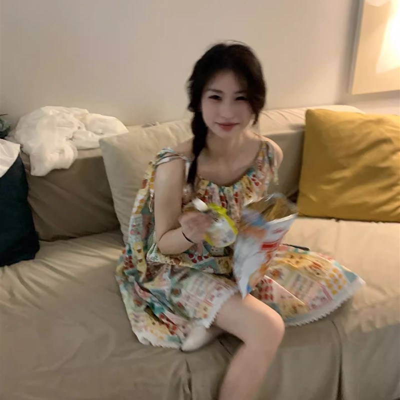少女甜美宽松大码睡裙女款夏款新款可爱卡通吊带长裙家居服连衣裙