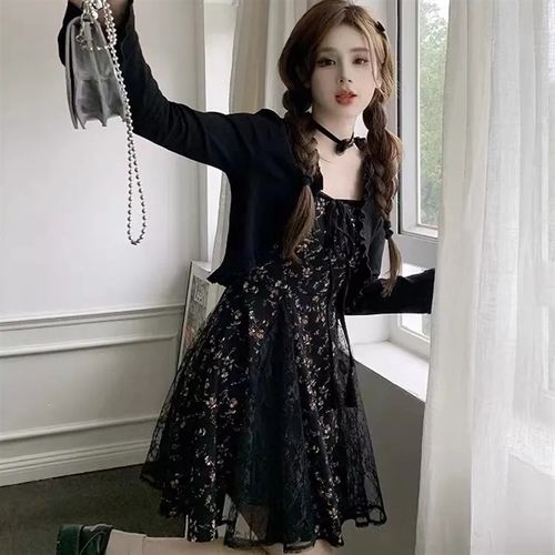 单/套装 法式碎花吊带裙蕾丝拼接开叉长裙+披肩套装女大码显瘦裙