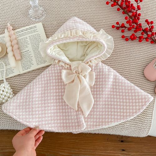 婴儿防风斗篷秋冬装女宝宝披风加绒加厚披肩外出衣服公主毛毛外套