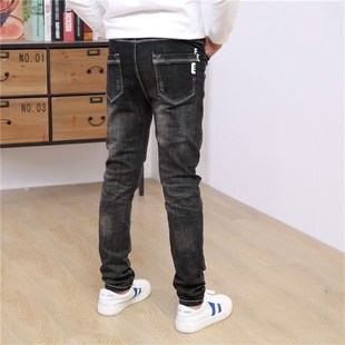 男童牛仔裤秋冬款黑色修身保暖中大童长裤冬季加绒儿童裤子加厚潮