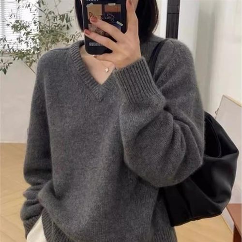 重磅新款!V领马鞍肩袖100羊毛衫女宽松休闲长袖针织衫厚毛衣上衣