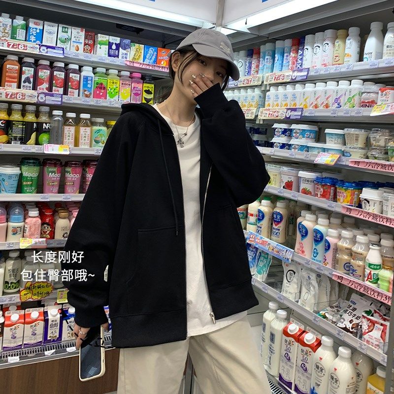 白色外套女款春秋款2024新款美式拉链卫衣开衫宽松连帽冷淡系上衣